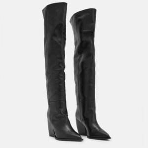 ALLSAINTS Women's Reina Black Over The Knee
Leather Pointed Toe Heeled Black